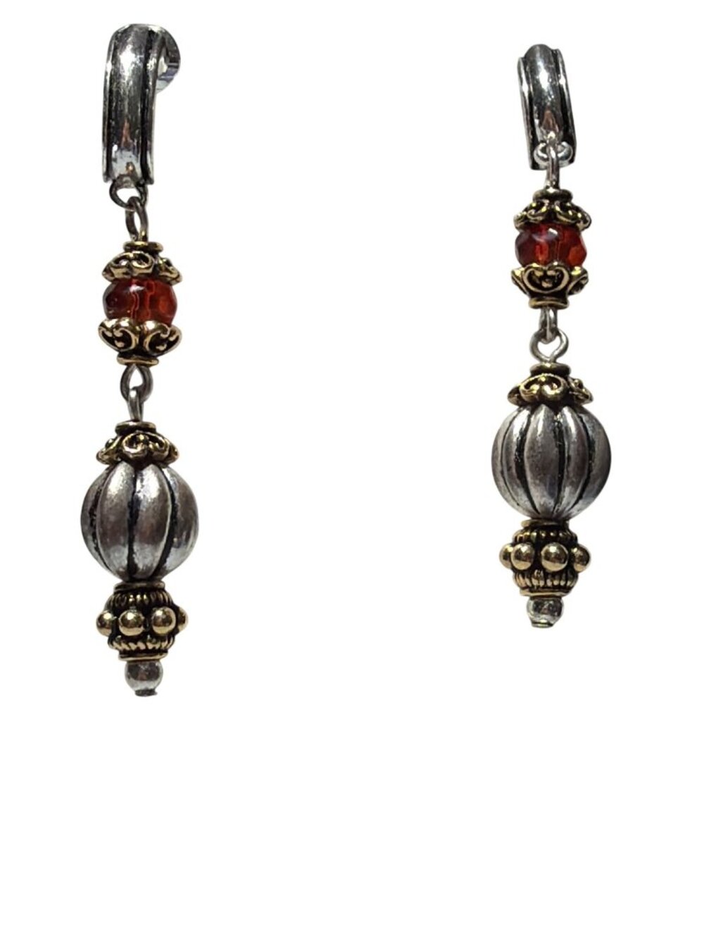 Vintage Avon Clip On Earring Silver Gold Tone Garnet Glass Bead Dangle 2" Estate